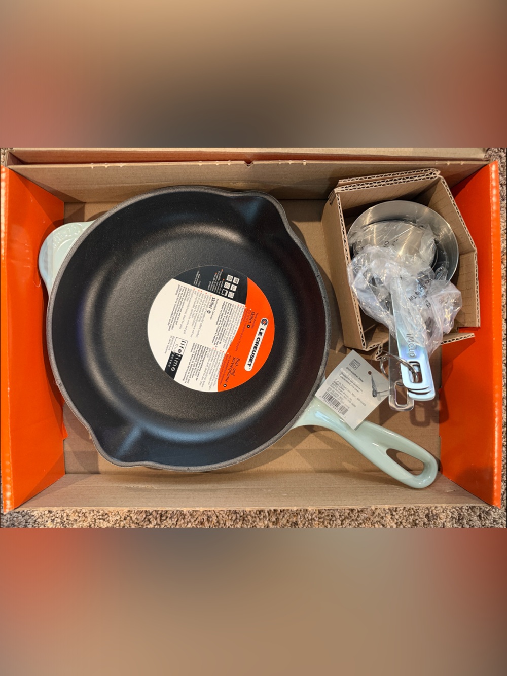 Le Creuset Sea Salt Cast Iron Skillet with Measuring Cups